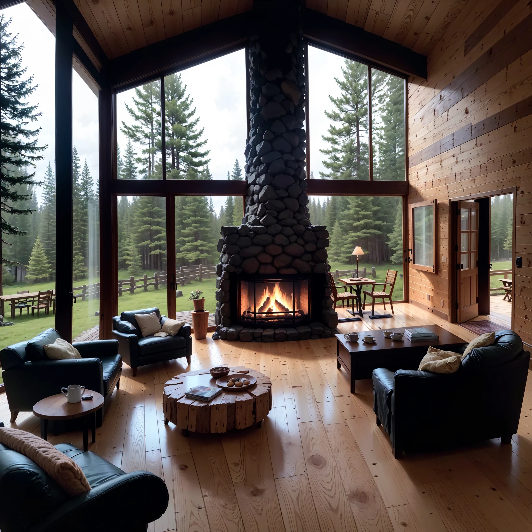 THIS EVENING WOODEN CABIN LIVING ROOM ANIME BACKGROUND, (COZY ATMOSPHERE), (SUBTLE LIGHTING), BRIGHT STONE FIREPLACE FIRE, LIONSKIN RUG THIS EVENING BEST QUALITY, TRANSPARENT GLASS WINDOWS