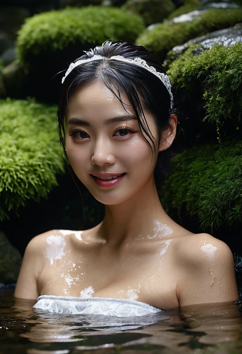 Best quality, masterpiece, super high resolution, a super model soaking in a hot spring in Japan, outdoor hot spring, stone hot spring, surrounded by moss and trees, super beautiful face, pure body, clear pores visible, (smile:0.8), wearing split (lace bandeau:1.2), (realism:1.5), original photo, soaked body, covered in sweat, bare shoulders, in the dark, deep shadows, low-key, cold light((best quality)), ((masterpiece)), (detailed), perfect face