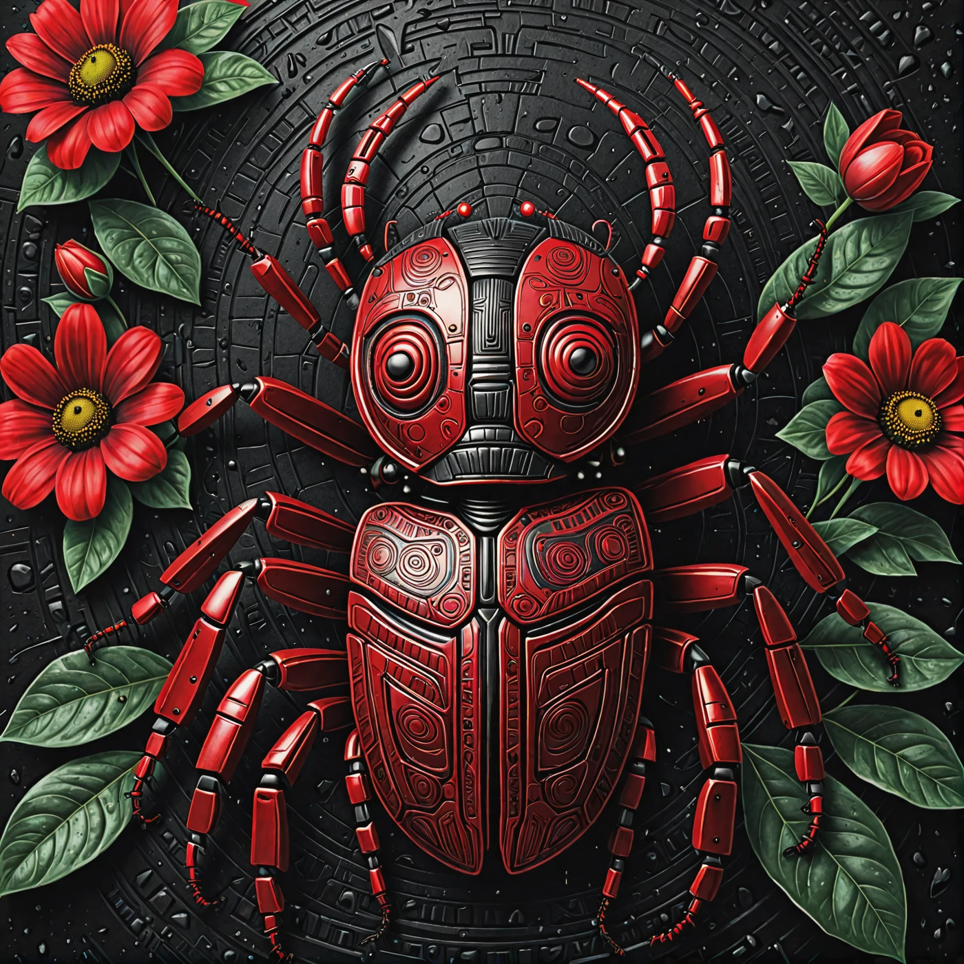 Complex and colorful, (digital painting:1.2),collect, A robot resting on a beautiful flower,Tribal Style Classic RAW photo of insect-like monster scarab, Red brass accents, Black accents, old age, Rain and storm. Ambient Occlusion Rendering   . indigenous, Ethnic, Traditional patterns, bold, natural color, very detailed