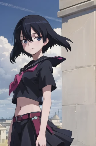 agkkurome, kurome, short hair, black hair, (black eyes:1.3), hair between eyes, cute face, smile, blush
BREAK skirt, serafuku, black serafuku, short sleeves, black skirt, neckerchief, red neckerchief, belt, midriff peek
BREAK city, sky, clouds, palace courtyards
BREAK looking at viewer, (cowboy shot:1.5), wind, wind blowing, from side
BREAK (masterpiece:1.8), best quality, high resolution, unity 8k wallpaper, (illustration:0.8), (beautiful detailed eyes:1.6), extremely detailed face, perfect lighting, extremely detailed CG, (perfect hands, perfect anatomy)