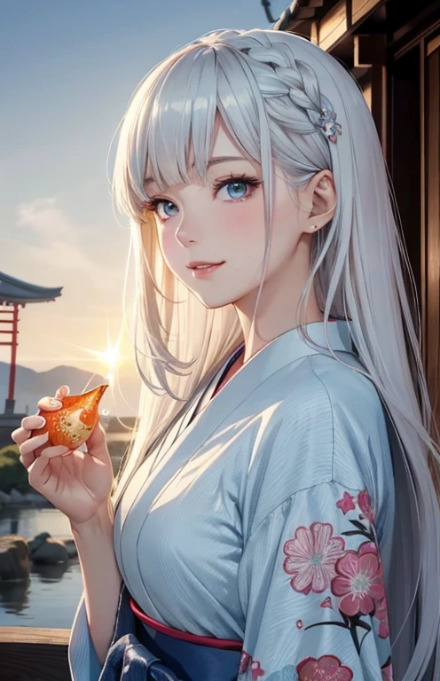 masterpiece、highest quality、High resolution、high quality images、8K, 1 female、skin luster、Texture of skin and clothing、Expression of fine eyes、shiny silver hair,long hair girl, Manga inspired by Lee Jong-suk, trending on deviantart, realism, detailed manga style, manga art style, perfect line drawing, beautiful line drawing, digital manga art girl, K-POPアイドル, dress, beautiful light blue eyes, plump lips, detailed gorgeous face, (cute smile), charm, innocent, Side view, (perfectly detailed face), (fine hands) photorealistic images, Depth of written boundary, half up hairstyle, yukata ,(firework,Goldfish,bubble),(outdoor,fan,Jean Frame),(Traditional Japan atmosphere:1.2),(sunset: 1.1))