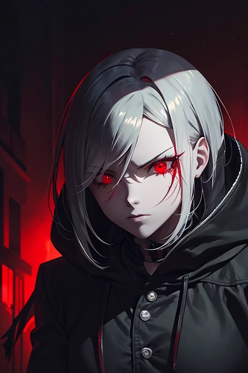 A female character, hoodie, blood rain, red and black color palette, detailed eyes and face, red eyes, silver hair, menacing aura, dark ambiance, mysterious atmosphere, intense expression, setting, smoke and shadows, haunting presence, stylish and edgy, ray tracing, perfect blend of light and darkness, intense gaze, captivating presence, sleek and sharp, contrast of red and black, intense emotions, supernatural powers suggested, rain-soaked streets, an air of danger, enigmatic persona, gothic aesthetic, stormy weather, captivating and alluring, a touch of blood red, smoky streets, brooding protagonist, stormy skies, devil city, vempire tooth smile