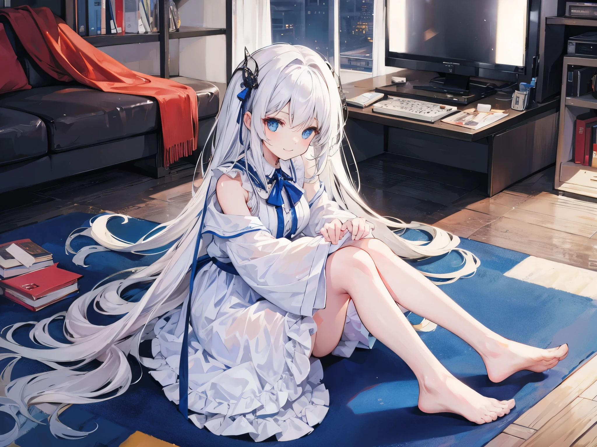 sitting on the floor、hold one&#39;s feet、girl、white hair、smile、knee length dress