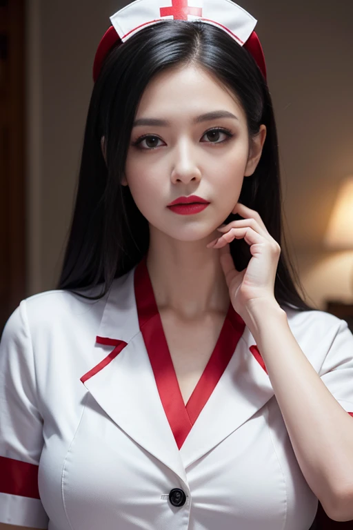 (best quality,realistic:1.37),vivid colors,professional,portrait,indoor,soft lighting,wearing a white nurse's uniform with red cross emblem,long black hair,smoky eyes,full red lips,beautiful detailed eyes,detail description of the face,highres,physically-based rendering,sexy pose,confident expression,decorated medical equipment in the background,subtle bokeh,masterpiece:1.2