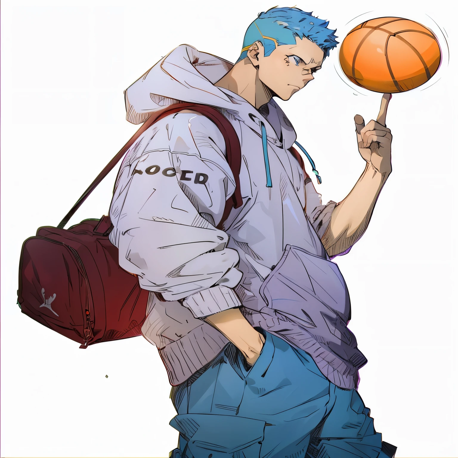 anime character with blue hair holding a football and a backpack, akihiko yoshida!, tall anime guy with blue eyes, !!full body portrait!!, kentaro miura manga art style, by Ludovit Fulla, inspired by Akihiko Yoshida, inspired by Un'ichi Hiratsuka, official art, anime style character, full_body!! With orange background