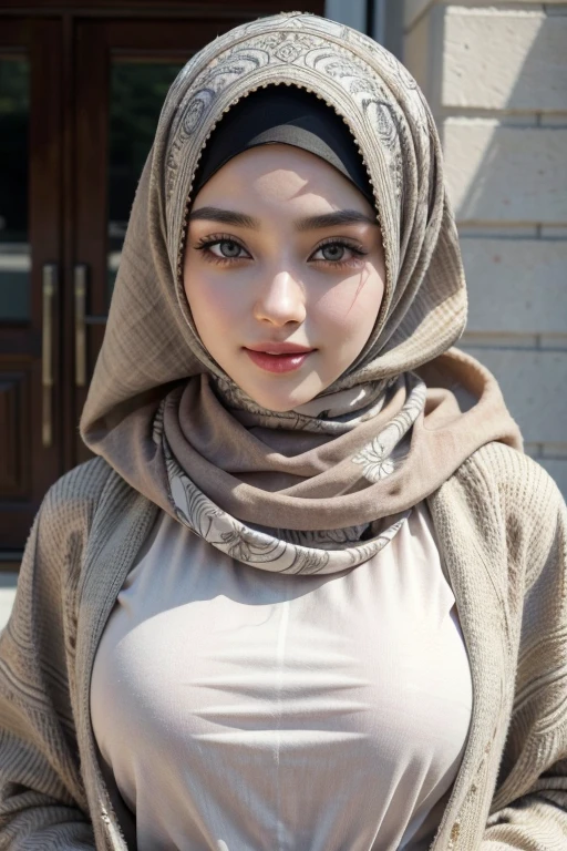 Best quality, Realistic, Photorealistic, extremely detailed, An extremely delicate and beautiful, RAW photo, 4K, 8K, Professional lighting, Dynamic lighting, light in face, Depth of field, solo focus, full body, flawless beauties,A 20-year-old female, Brown eyes, Smaller head, Fashion girl, Beautiful eyes, Large breasts, Real face, Real skin, Realistic face, Realistic skin, Detailed eyes, Detailed facial features, detailed hijab, detailed clothes feature, (fashionable attire:1.3), (intricate fashion hijab: 1.3) dynamic poses,Detailed face, pretty smile, cowboy shot