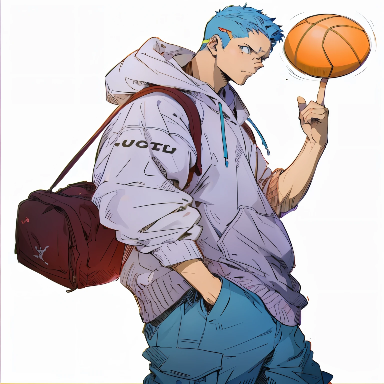 anime character with blue hair holding a football and a backpack, akihiko yoshida!, tall anime guy with blue eyes, !!full body portrait!!, kentaro miura manga art style, by Ludovit Fulla, inspired by Akihiko Yoshida, inspired by Un'ichi Hiratsuka, official art, anime style character, full_body!! With orange background