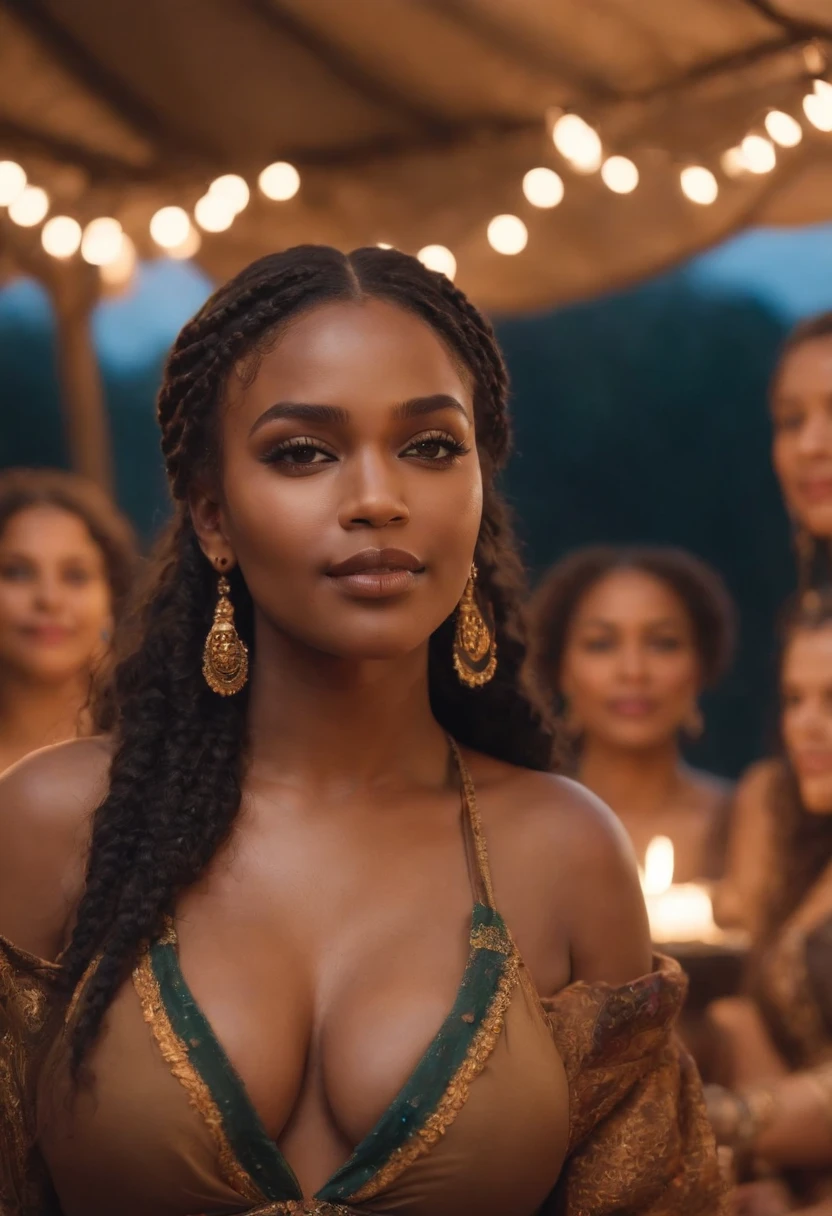 (photo of female citizen:1.3)  1girl, solo, young, cute, babyface, biracial, yellow, looks like brittany renner,  green eyes, very big breasts, looking at viewer, smile, hair ornament, cleavage, robe falling off,  jewelry, collarbone, upper body, curly black hair in a ponytail, flower, teeth, solo focus, hair flower, necklace, blurry,   depth of field, blurry background, (realistic:1.3) crowd, (in a medieval brothel:1.1), 8k, cinematic, fantasy, cleavage