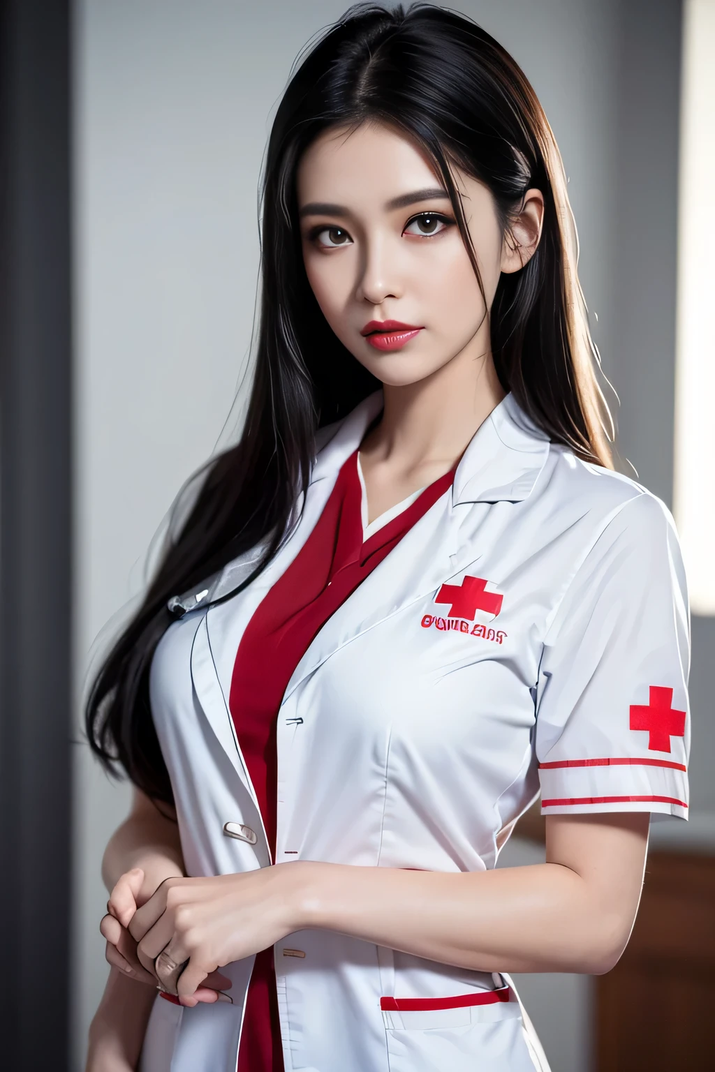 (best quality,realistic:1.37),vivid colors,professional,portrait,indoor,soft lighting,wearing a white nurse's uniform with red cross emblem,long black hair,smoky eyes,full red lips,beautiful detailed eyes,detail description of the face,highres,physically-based rendering,sexy pose,confident expression,decorated medical equipment in the background,subtle bokeh,masterpiece:1.2