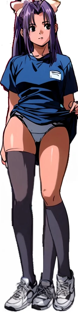 Momoko Koigakubo, a tall girl with beautiful legs, is wearing white gym clothes and light navy blue bloomers that look like panties, and is standing facing the viewer with her legs spread to the sides and her mouth open.。Doing Comanechi pose。blush。