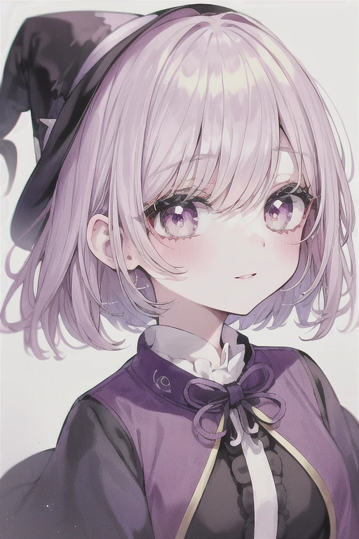 Witch's outfit, Anime-style portrait of a girl with a purple bob cut making eye contact with the camera, bright eyes, baby-faced, subtle smile, minimalistic background to emphasize character, high contrast, clean lines, digital painting, vivid colors