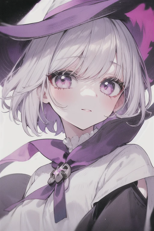 Witch's outfit, Anime-style portrait of a girl with a purple bob cut making eye contact with the camera, bright eyes, baby-faced, subtle smile, minimalistic background to emphasize character, high contrast, clean lines, digital painting, vivid colors