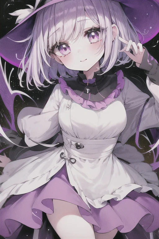 Witch's outfit, Anime-style portrait of a girl with a purple bob cut making eye contact with the camera, bright eyes, baby-faced, subtle smile, minimalistic background to emphasize character, high contrast, clean lines, digital painting, vivid colors