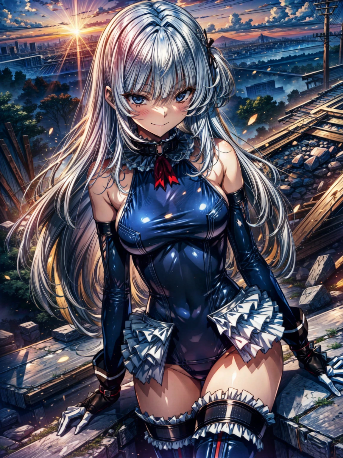 perfect anatomy, highest quality, marirose,evil smile,
,(Girls greet dawn on top of a pile of rubble:1.1),evil smile,anime style,(Torn frill swimsuit:1.5, Thighhighs, removed sleeve), (anime style:1.4) ,
silver hair,(White fingers:1.1,black gloves),very long hair,evil aura,Rape Eye,Torn costume:1.9,(Have a collar:1.5),nsfw