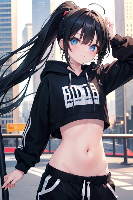 a beautiful cute anime girl,blue eyes,long black hair, ponytail,(high-details),crop top hoodie, black training pants,city(hd-view), headphones,(high-quality),