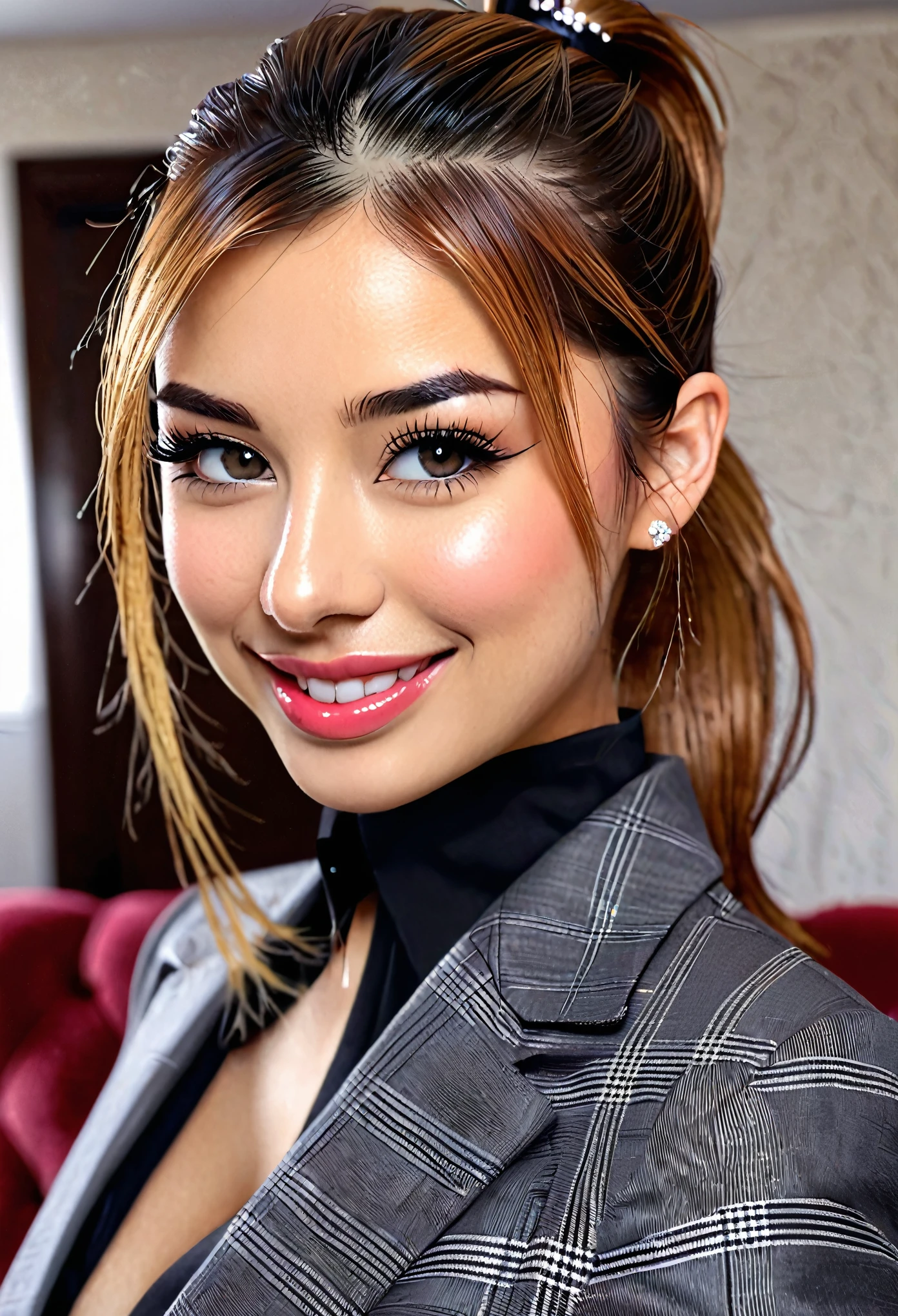 ((32K, real picture)), sharp focus, Sharp eyes, 25 years old, smile, very cute, thick lower lip, detailed tear bags, pony tail, (realistic, realistic: 1.2), high heels, party suit