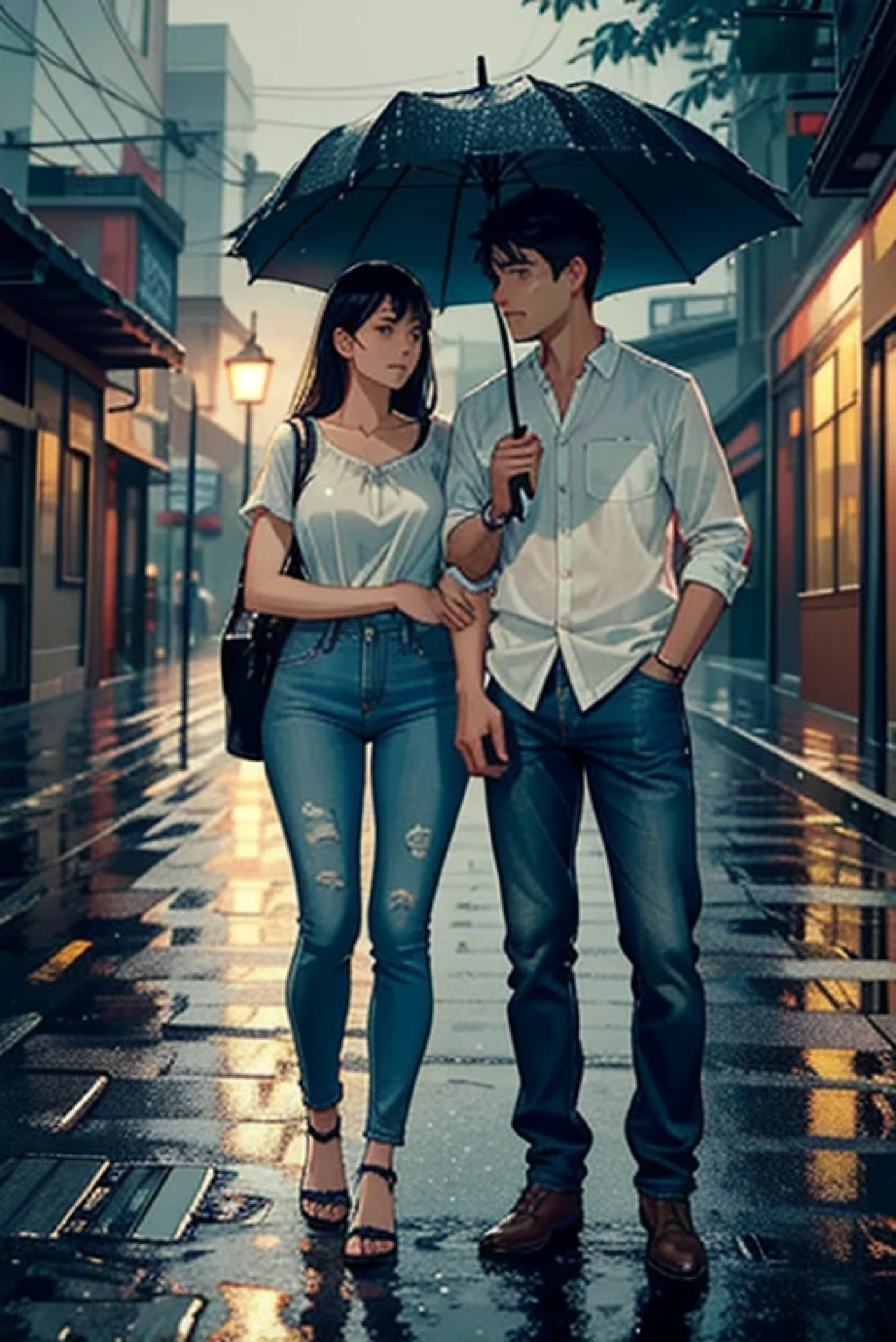 Top-quality masterpiece, heartfelt apology scene, Male and female couples, Raindrops cascading on windshield, Laid-back posture of the man, Sheila with expressive face, Slightly Maple syrup hair, Umbrella in hand, Dripping rainwater, Touching her arm consolingly, Splash of water on her denim jeans, Puddles on the pavement, Reflected streetlights, Dimly lit surroundings, Realistic rain effects, Detailed facial expressions, Highly articulated body language.

The shock of the sudden rainstorm struck us both, the unexpected downpour drenched us in seconds, leaving pudd