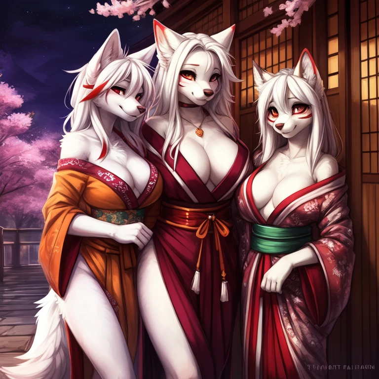 by kenket, Ross Tran, ruan jia, zaush, foxovh, by Zackary911, by hyattlen, by teranen, by fumiko, by Pixelsketcher, by fluff-kevlar, bye r-mk, by Dimwitdog, Furry, Anthro, ((mother and daughters)), BREAK, First Daughter: ((oiran), prostitute, (luxurious kimono), female white fox with red markings, kemono, (((medium breasts))), slight cleavage, long (elegant) white hair, white fur, young girl, cute, revealing outfit, innocent expression, alluring eyes, looking at viewer, red markings on body, white fur, traditional japanese, magic fantasy, small, slender, (young)), BREAK, Second Daughter: ((oiran), prostitute, (luxurious kimono), female white fox with red markings, kemono, (((small breasts))), short (elegant) white hair, white fur, young girl, cute, revealing outfit, innocent expression, alluring eyes, looking at viewer, red markings on body, white fur, traditional japanese, magic fantasy, small, slender, (young)),BREAK, Mother: ((geisha), prostitute, (luxurious off-shoulder kimono), female white fox with red markings, kemono, (((huge breasts))), long (elegant) white hair, hourglass body, revealing outfit, seductive, alluring eyes, looking at viewer, red markings on body, white fur, traditional japanese, magic fantasy, white fur, (mature), voluptuous, curvy, milf, (tall), curvy), BREAK, outdoors, cherry blossoms, nighttime, tugging on own clothes, ((3 anthro women)), (((3 people))), (multiple people), mother and her two daughters, (size difference), daughters are shorter than their mother, age difference, mother is taller than her daughters, (both daughters have small breasts), the first daughter has small breasts, the second daughter has small breasts, the mother has huge breasts, the mother is taller than her daughters,