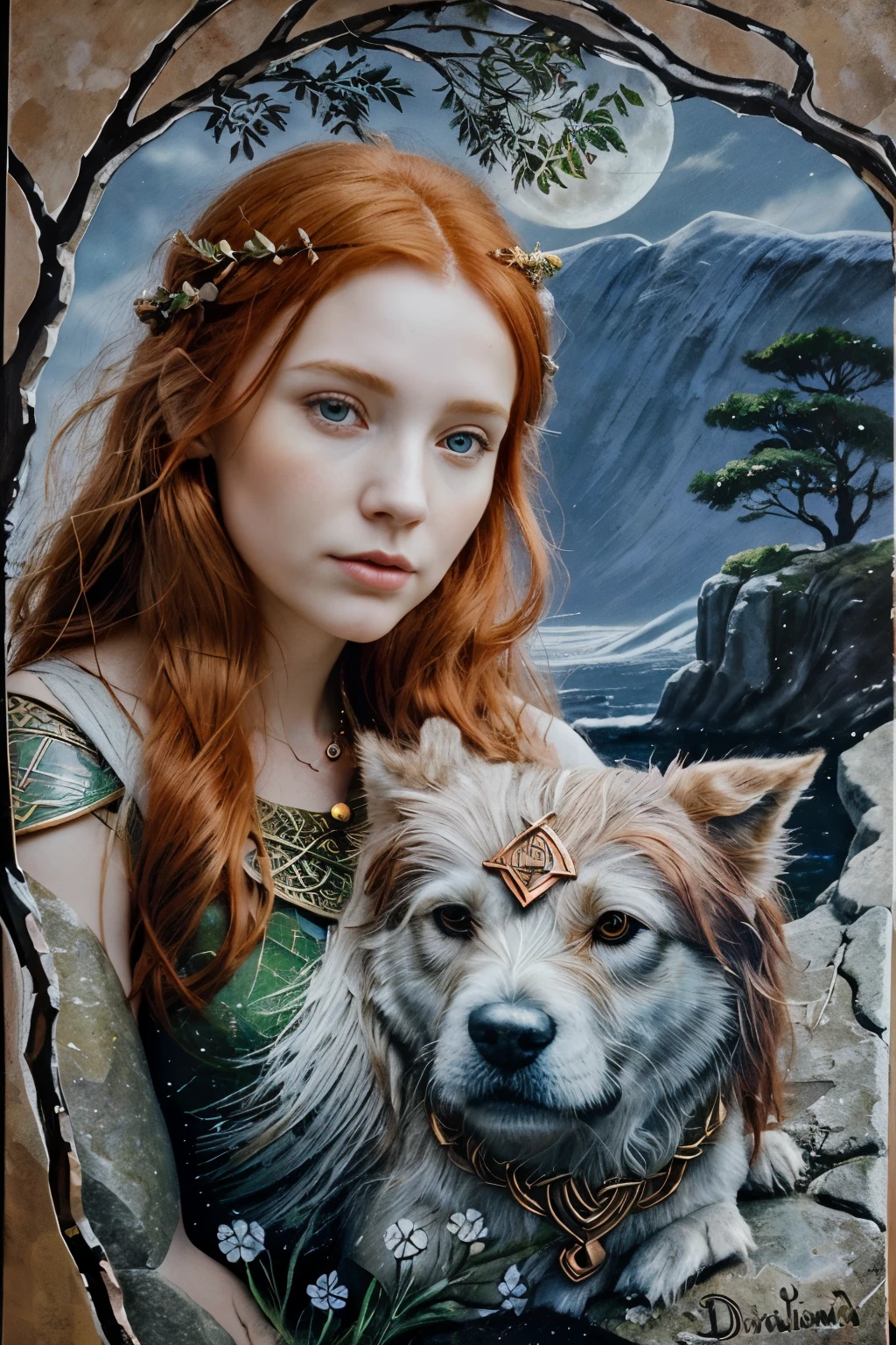 painting of a woman and a dog on a stone, maiden with copper hair, Portrait of the Scandinavian moon goddess, beautiful girl, Portrait of the Celtic goddess Diana, Norse goddess, goddess portrait, redhead goddess, goddess portrait close up, druid goddess, portrait of a beautiful goddess, потрясающий goddess portrait, Celtic fantasy art, beautiful goddess