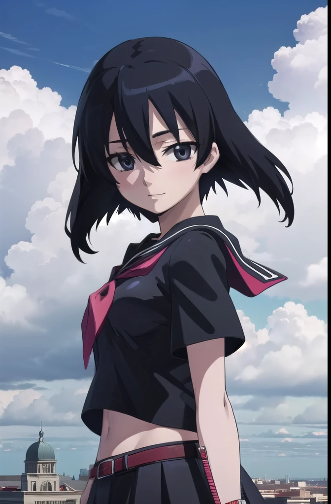 agkkurome, kurome, short hair, black hair, (black eyes:1.3), hair between eyes, cute face, smile, blush
BREAK skirt, serafuku, black serafuku, short sleeves, black skirt, neckerchief, red neckerchief, belt, midriff peek
BREAK city, sky, clouds, palace courtyards
BREAK looking at viewer, (cowboy shot:1.5), wind, wind blowing, from side
BREAK (masterpiece:1.2), best quality, high resolution, unity 8k wallpaper, (illustration:0.8), (beautiful detailed eyes:1.6), extremely detailed face, perfect lighting, extremely detailed CG, (perfect hands, perfect anatomy)