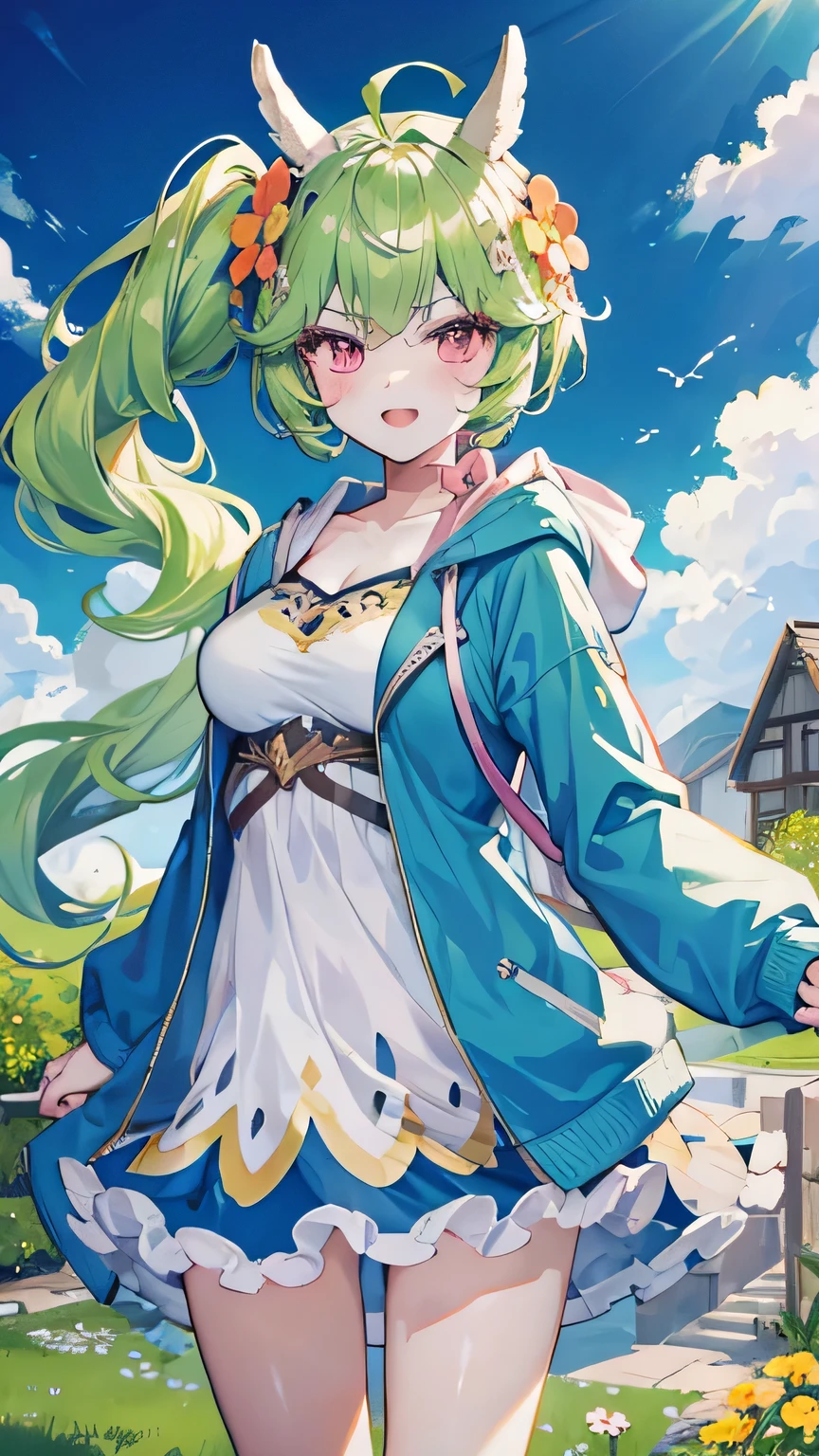 anime, hdr, soft light, ((best quality)), ((masterpiece)), (detailed), IncrsHoldingHandsPov, holding hands, pov hands, 1girl, mayreel, alpaca ears, green hair,pink eyes, green hair, side ponytail, hair ornament, flower, long hair, light frown,tsundere, (white hoodie outfit), looking at viewer, :d, outdoors, garden