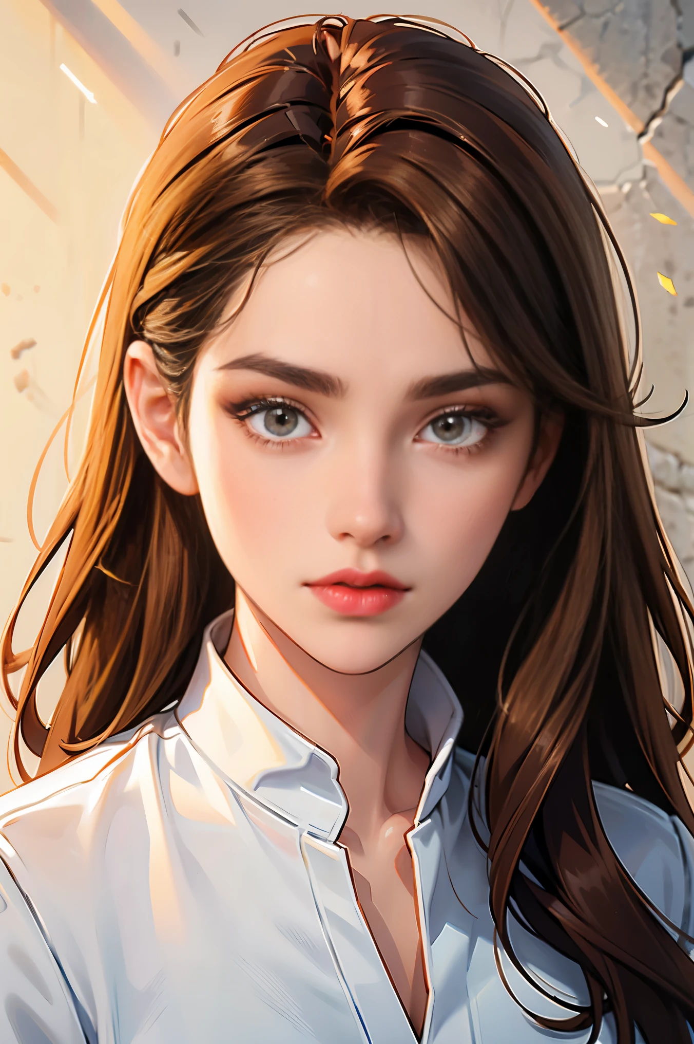 Girl, long brown hair, gray eyes, sharp features, white skin, orange lips, soft and thin, high resolution picture