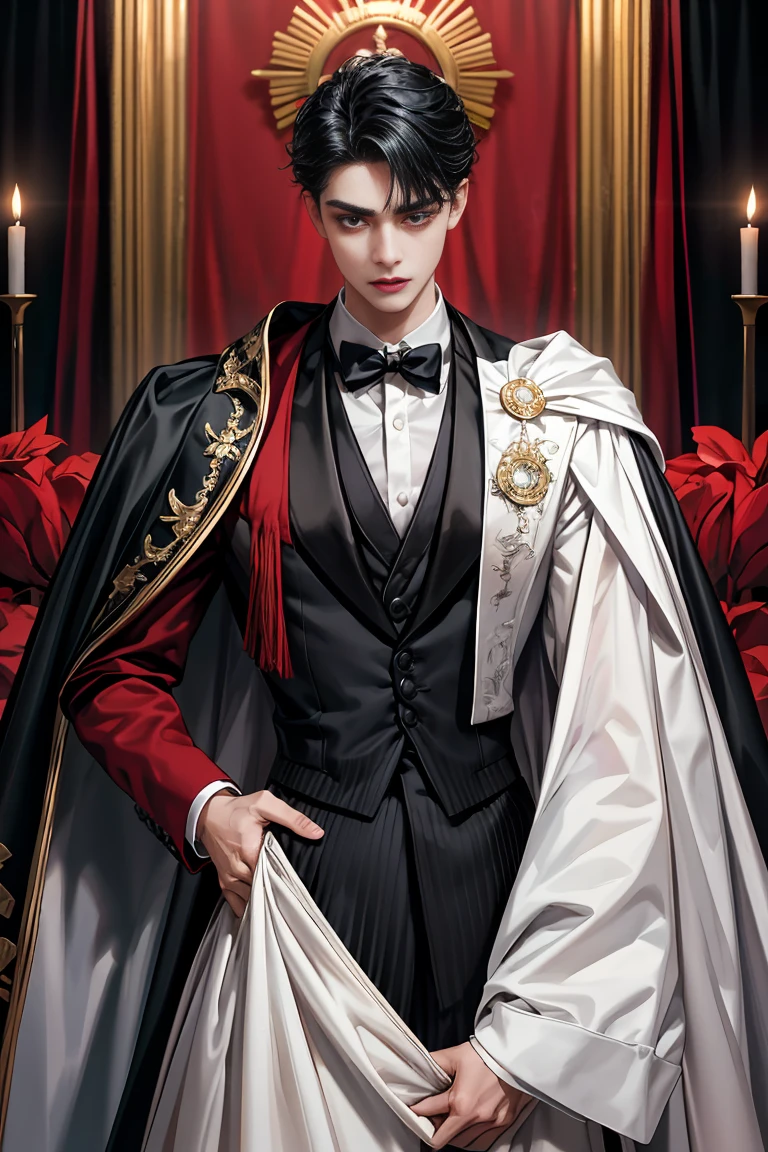 
masterpiece, 最high quality, high quality, 1 boy, alone, male focus, looking at the viewer, whole body, Winning spirit_destiny, messy black hair, blue adorable big eyes, white people, Noble, Noble, noble vampire、An elegant tuxedo,A very large, very tall stand-up collar, a very large, very long, long cape that reaches down to the floor, made of a lot of fabric, red and black., 17 years old,cute beautiful boy,cute cute handsome boy