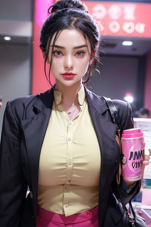 beautiful woman, wearing a stylish and office outfit, with a determined expression on her face, fashionable, woman, vibrant, outfit, posing, front, colorful, dynamic, background, elements, confident, expression, accessory, majestic, coiled, attention-grabbing, title, stylish, catchy, headline, larger, striking, modern, trendy, focus, fashion, selfie