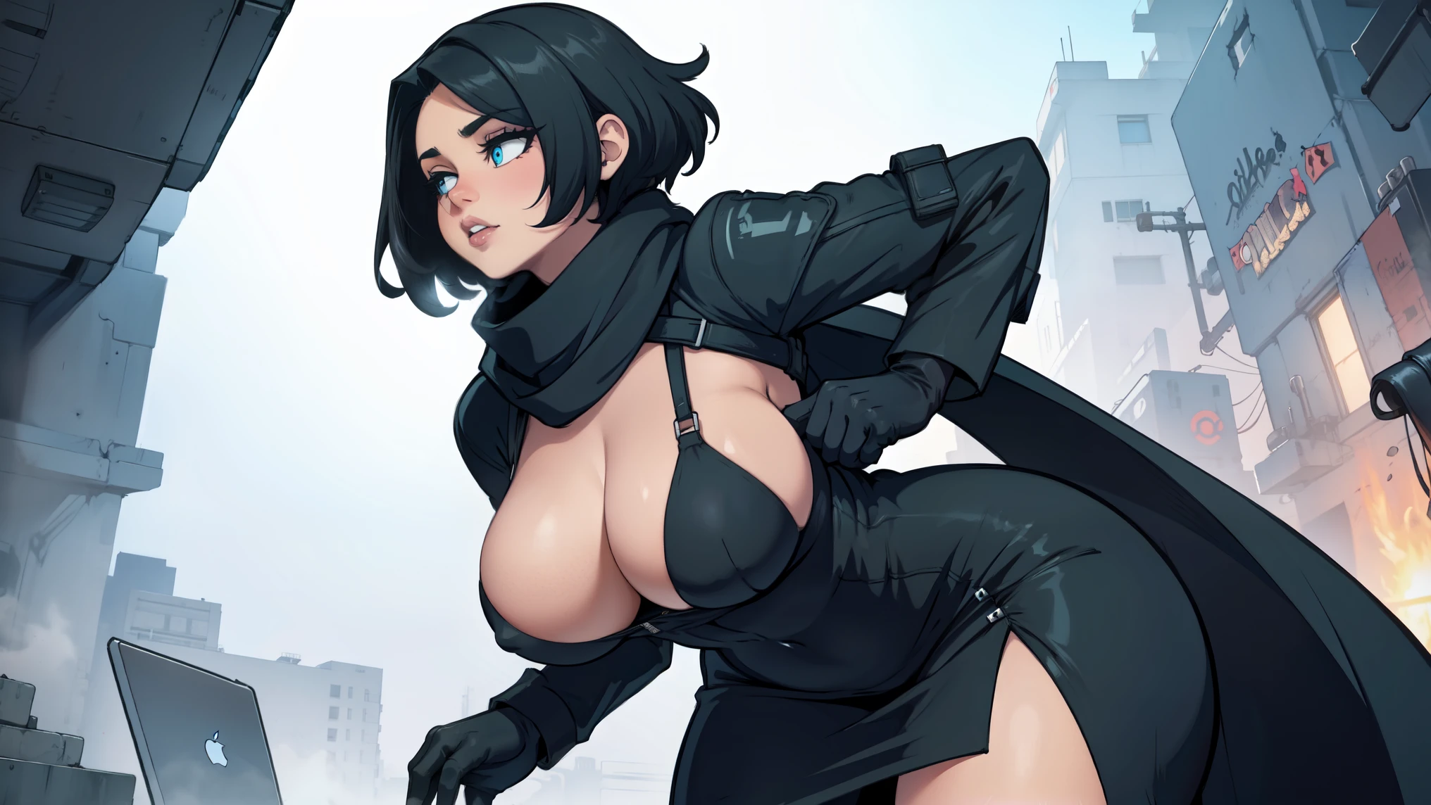 extremely long hair perfect anatomy 1 girl tall solo curvy body ((scarf)) ((gloves)) perfect hands ((huge tits)) small black dress short hair covering eyes black lipstick long black glows. 