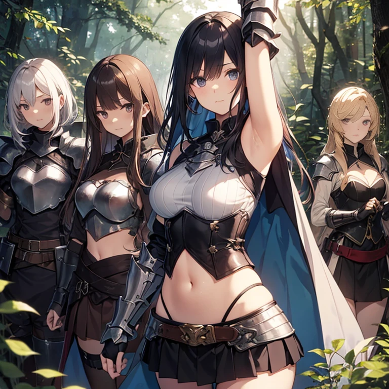 A group of young female knight, (in forest), various hair styles, harem, wearing armored clothes, metal armor, night, details face, , short skirt, seducing, sword, sleeveless , showing armpits, midriff