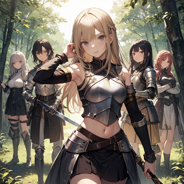 A group of young female knight, (in forest), various hair styles, harem, wearing armored clothes, metal armor, night, details face, , short skirt, seducing, sword, sleeveless , showing armpits, midriff