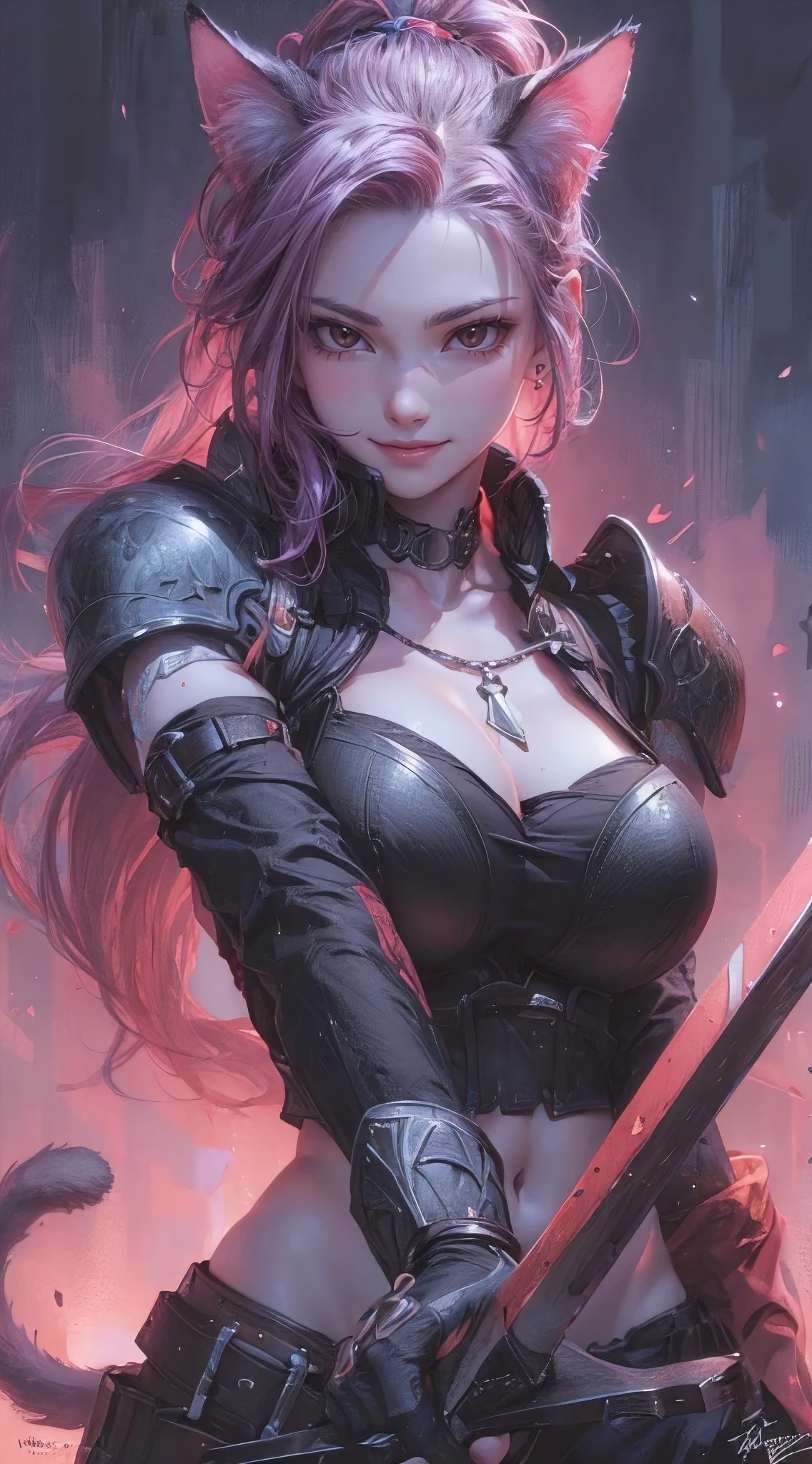 (best quality,4k,8k,highres,masterpiece:1.2),ultra-detailed,(realistic,photorealistic,photo-realistic:1.37),illustration by artgerm and gerald brom, attractive cat girl, perfect body, hyperfeminine curves, (big breasts, cleavage:1.3), knight armor, holding a sword, vibrant, expressive
