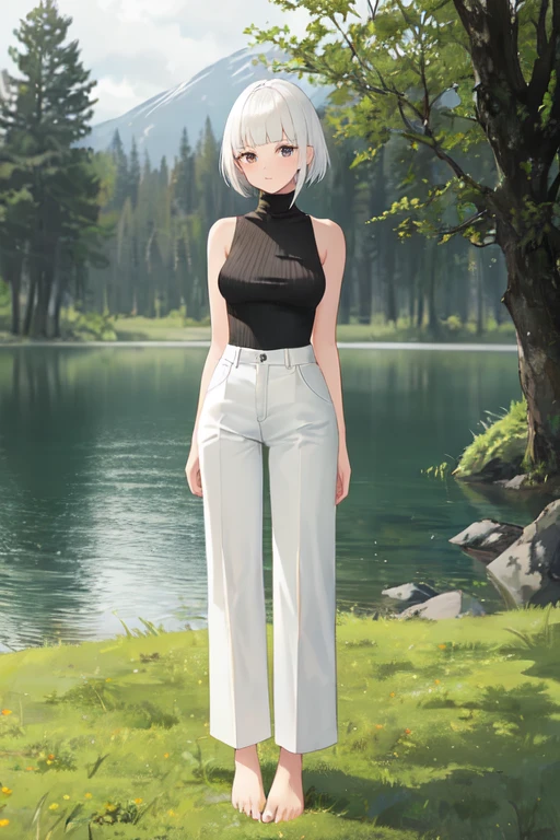1girl, short hair, white hair, blunt bangs, shirt, [black shirt::7], turtleneck, sleeveless turtleneck, bare shoulders, long pants, [white pants::5], bare feet, standing, grass, lake, nature, rainy weather, masterpiece, best quality, very aesthetic, absurdres