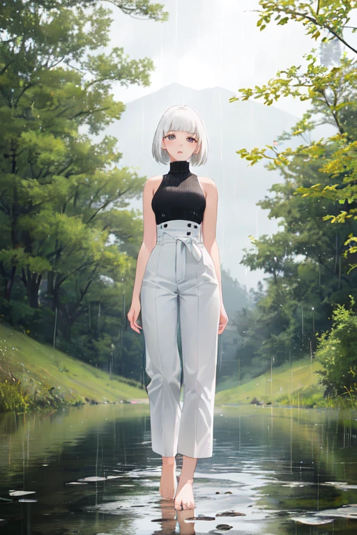 1girl, short hair, white hair, blunt bangs, shirt, [black shirt::7], turtleneck, sleeveless turtleneck, bare shoulders, long pants, [white pants::5], bare feet, standing, grass, lake, nature, rainy weather, masterpiece, best quality, very aesthetic, absurdres