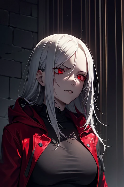 A female character, hoodie, blood rain, red and black color palette, detailed eyes and face, red eyes, silver hair, menacing aura, dark ambiance, mysterious atmosphere, intense expression, setting, smoke and shadows, haunting presence, stylish and edgy, ray tracing, perfect blend of light and darkness, intense gaze, captivating presence, sleek and sharp, contrast of red and black, intense emotions, supernatural powers suggested, rain-soaked streets, an air of danger, enigmatic persona, gothic aesthetic, stormy weather, captivating and alluring, a touch of blood red, smoky streets, brooding protagonist, stormy skies, devil city, vempire smile, devil hornes, hell queen dress