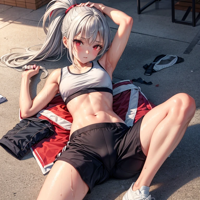 , school girl, sports bra, short , ponytail, fit clothes, red eyes, silver hair, spread leg, wet, Lying with legs spread,