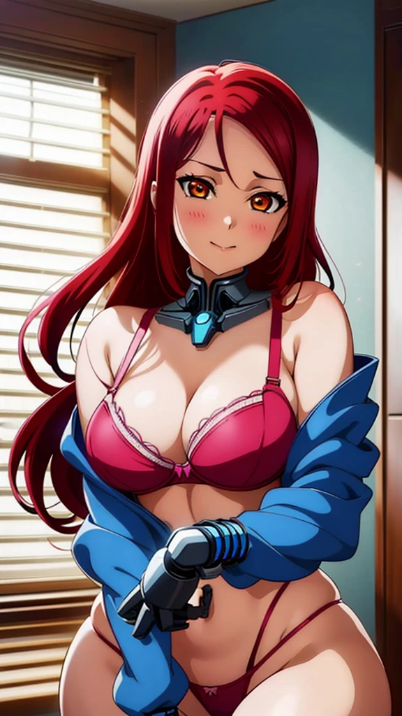 anime girl with red hair and blue bra top posing in front of window, seductive anime girl, biomechanical oppai, oppai, beautiful alluring anime woman, oppai cyberpunk, attractive anime girl, [ 4 k digital art ]!!, beautiful anime girl, beautiful anime woman, with a large breasts, erza scarlet as a real person, hot with shining sun