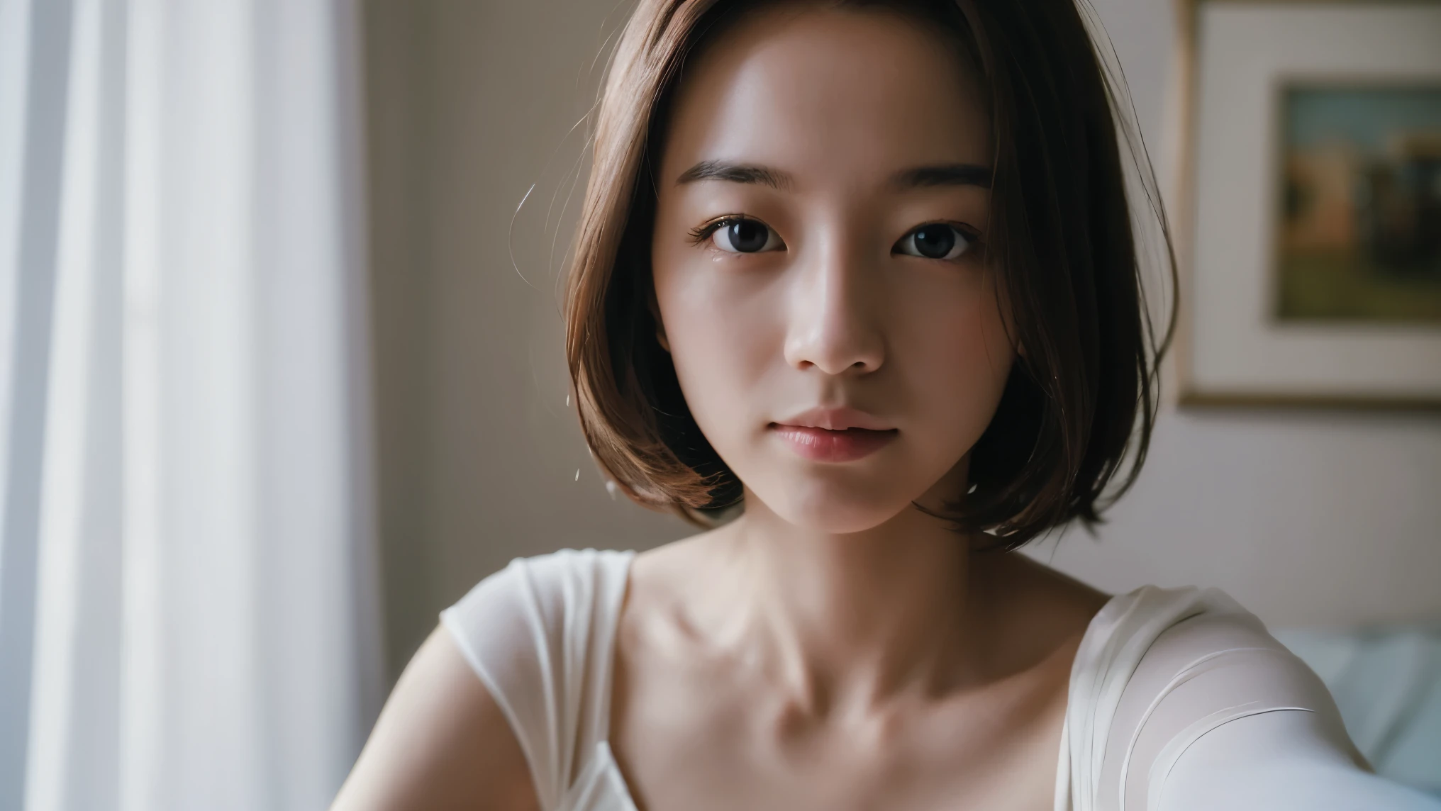 (Masterpiece, highest quality: 1.4), girl, solo, beautiful face, 8k, absurd, violets, gardenia, whole body, white leotard, looking at viewer, no makeup, film grain, chromatic aberration, sharp focus, face light, sophisticated, (smile:0.5), room, indoor, simple background, background blur, [:detail face:10]