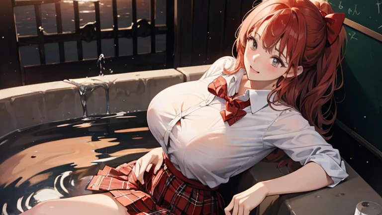 school girl Soak in water , red knot , red bow , white Shirt , big tits , Big breasts , skirt dark red , plaid skirt , pleated skirt