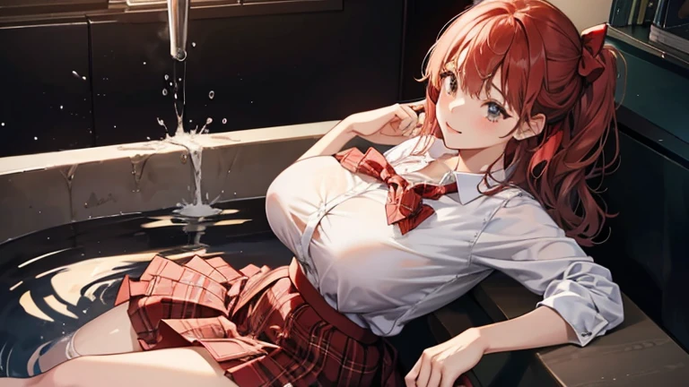 school girl Soak in water , red knot , red bow , white Shirt , big tits , Big breasts , skirt dark red , plaid skirt , pleated skirt