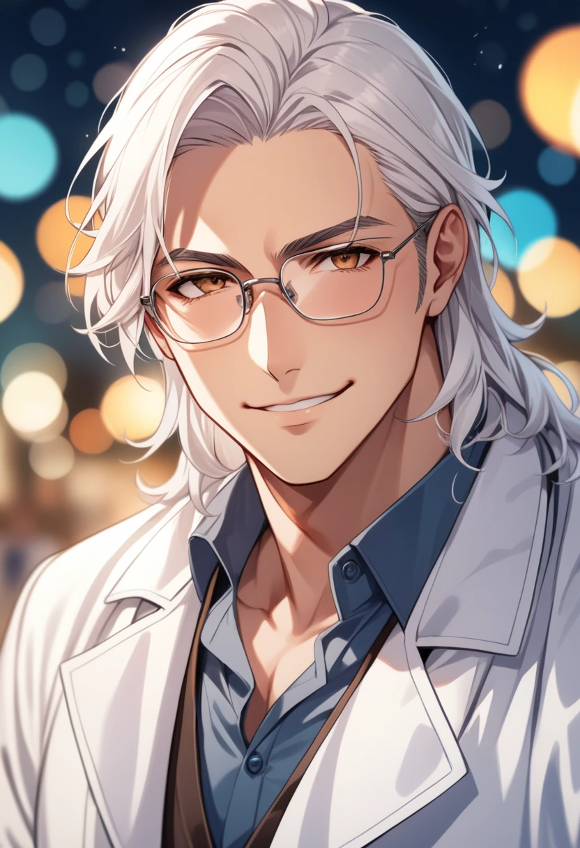 (masterpiece, best quality:1.2), (1boy), solo, 8k, white hair, long hair, glasses, handsome male, very detailed, tall, doctor, anime style, at a hospital, white coat, smirk, blushing, beautiful brown eyes, colorful, dynamic perspective, sharp focus, extremely detailed eyes and face, (depth of field, bokeh:1.3)