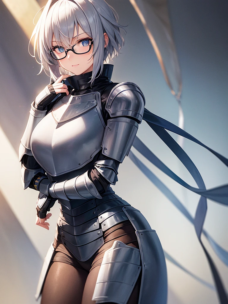 Solo, female, turtleneck, ((armor, knight, steel armor)), smirking, silver hair, swept hair, short hair, sideswept, glasses, standing, chestpiece, thick lips, big breasts
