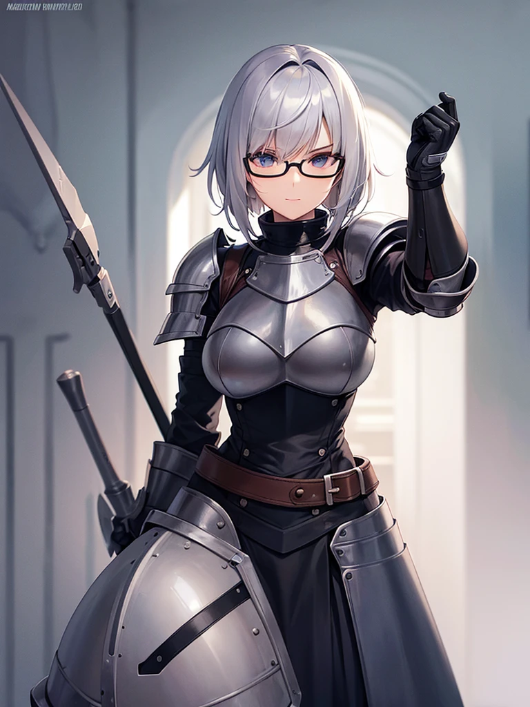 Solo, female, turtleneck, ((armor, knight, steel armor)), smirking, silver hair, swept hair, short hair, sideswept, glasses, standing, chestpiece, thick lips, big breasts
