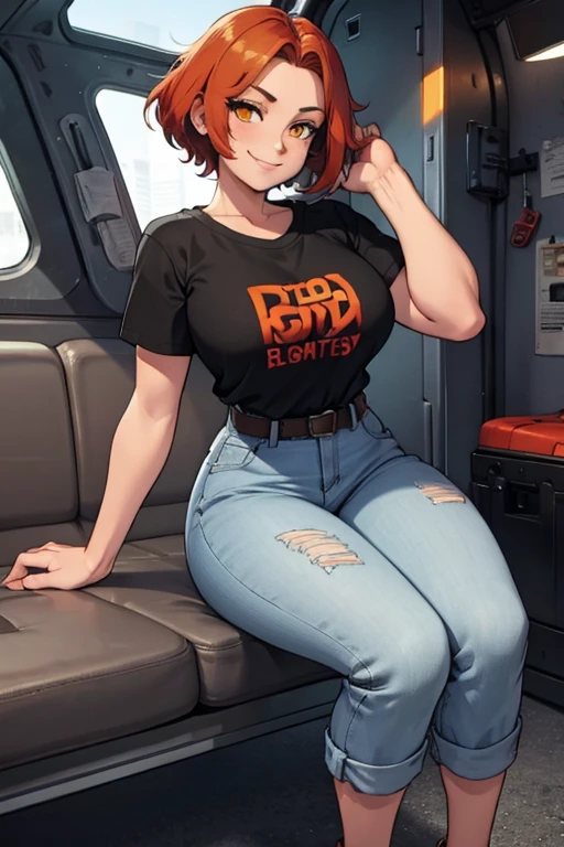 female, red short hair with yellow highlights, orange eyes, (((1girl))), (((black t-shirt))), (grey denim jeans), (black belt), (black flats), cute and sexy, large breasts, large butt, full body, long legs, smiling