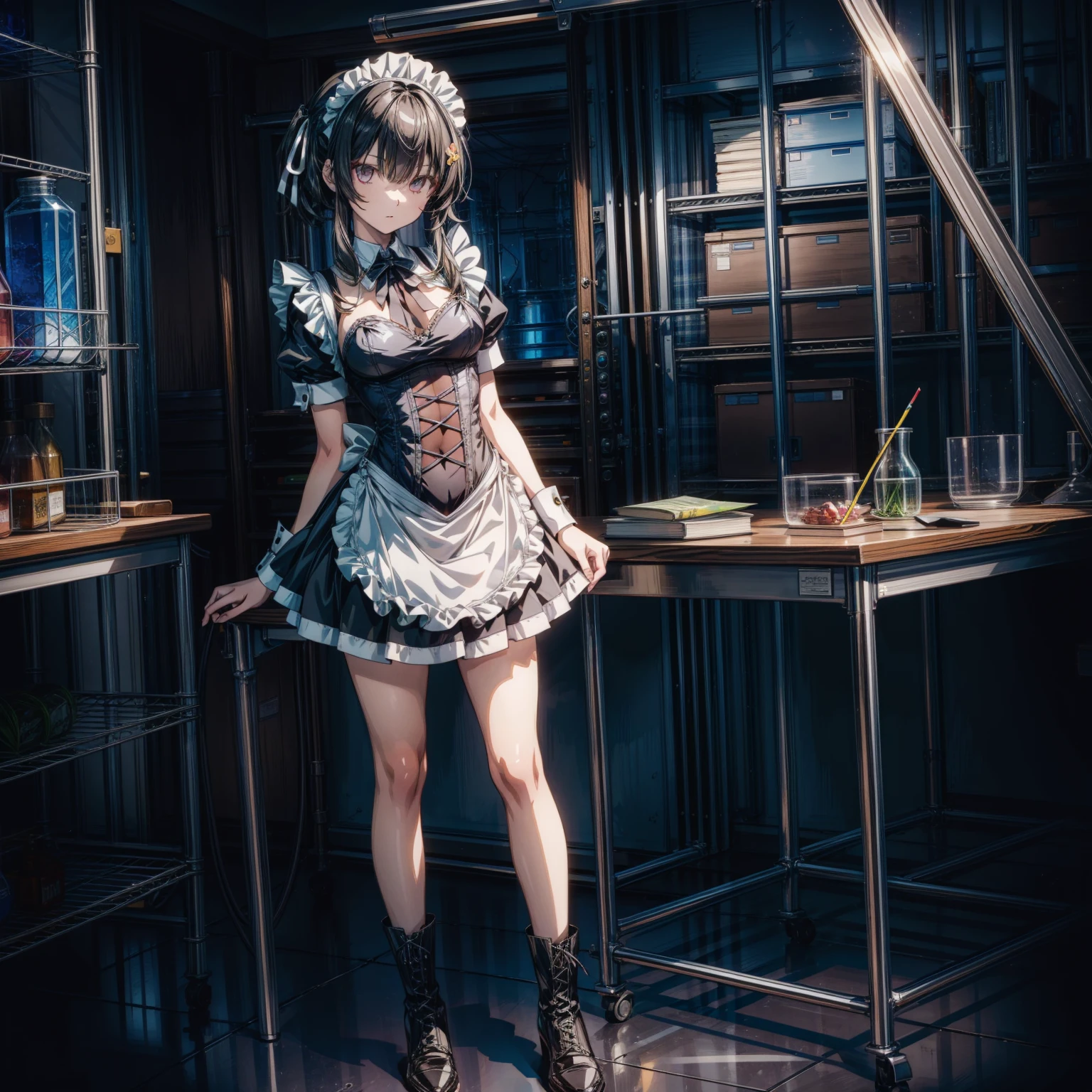 perfect anatomy, highest quality,(Detailed maid leotard:1.4),1girl,solo,(anime coloring:1.4),long hair:1.5, (short sleeves, Thighs,maid cuffs),(inside the evil　secret laboratory:1.6), laboratory:1.4, ,hypnoLora, empty eyes,high heel lace-up boots  boots, 