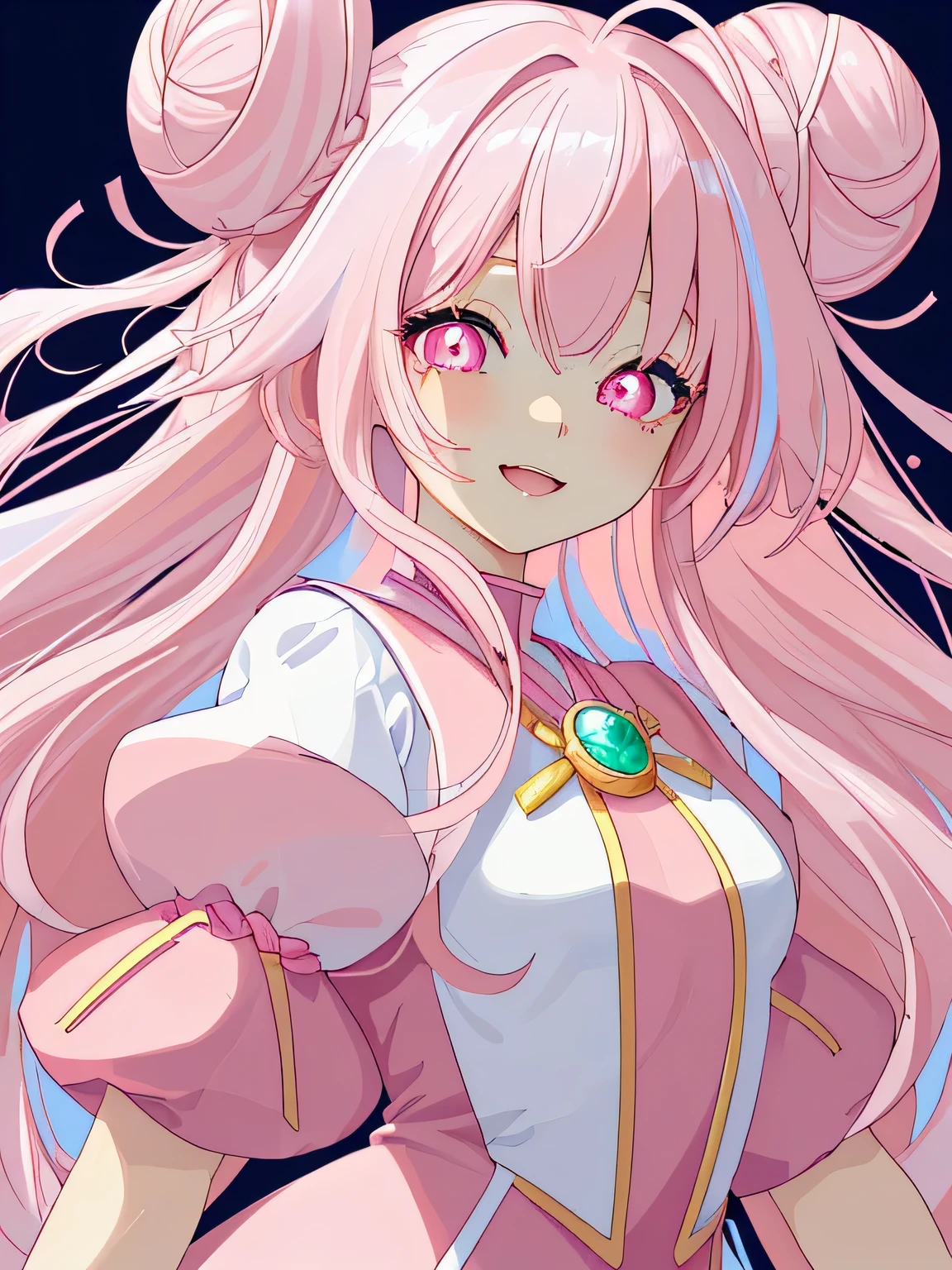 (highest quality, detailed background, High resolution, shiny 髪,White and light pink hair,bright pupils), 1 girl, A hairstyle with two small buns, long 髪, big_chest、designer dresses, wide shot、Upper body, looking here、Wearing a pink sailor suit、cute、anime style girl、laughing