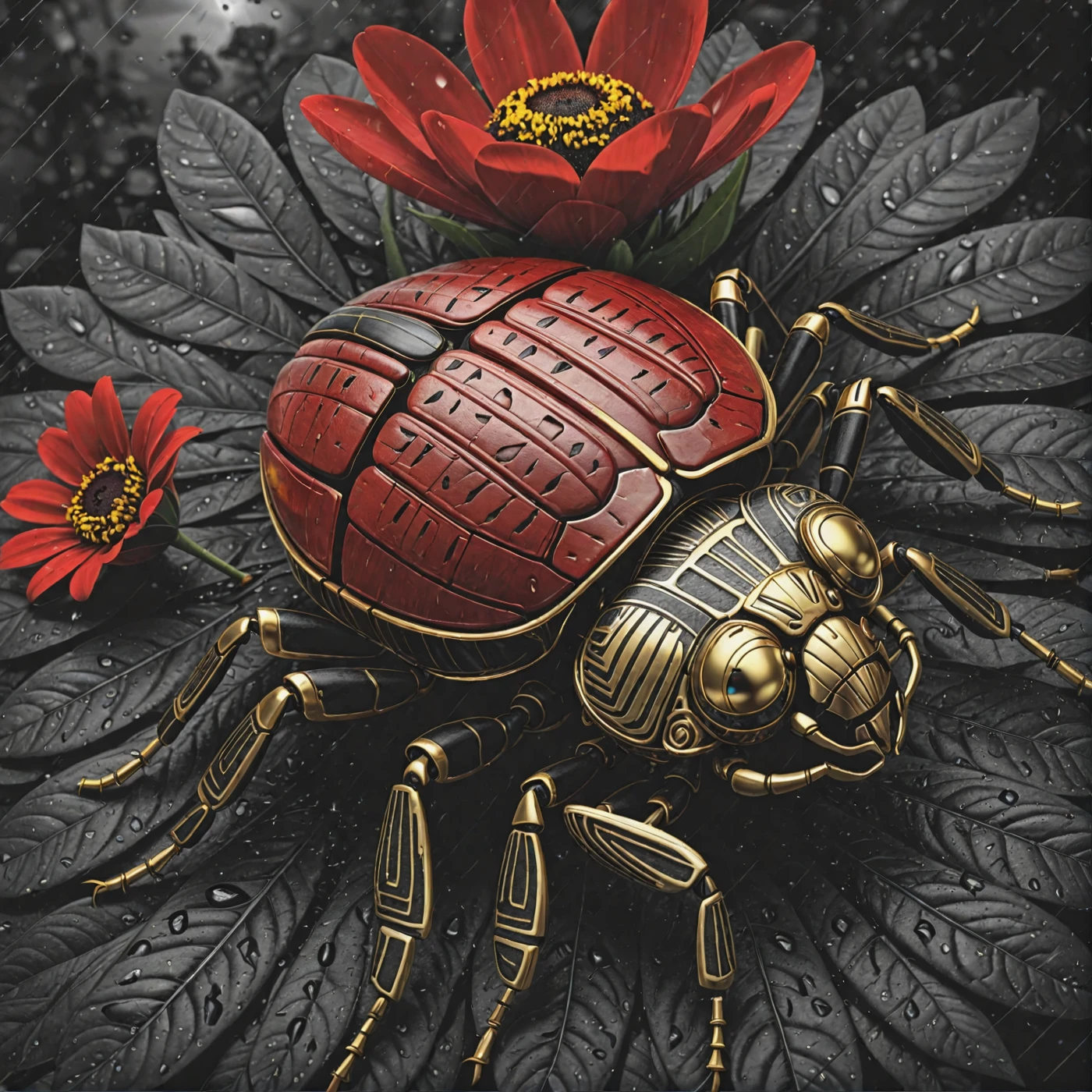 Complex and shiny gold, (digital painting:1.5),collect, A robot resting on a beautiful flower,Tribal Style Classic RAW photo of insect-like monster scarab, The feathers are accented with super golden light, Black accents, Wet Feather、old age, Rain and storm. Ambient Occlusion Rendering   . indigenous, Ethnic, Traditional patterns, bold, natural color, highly detailed light、