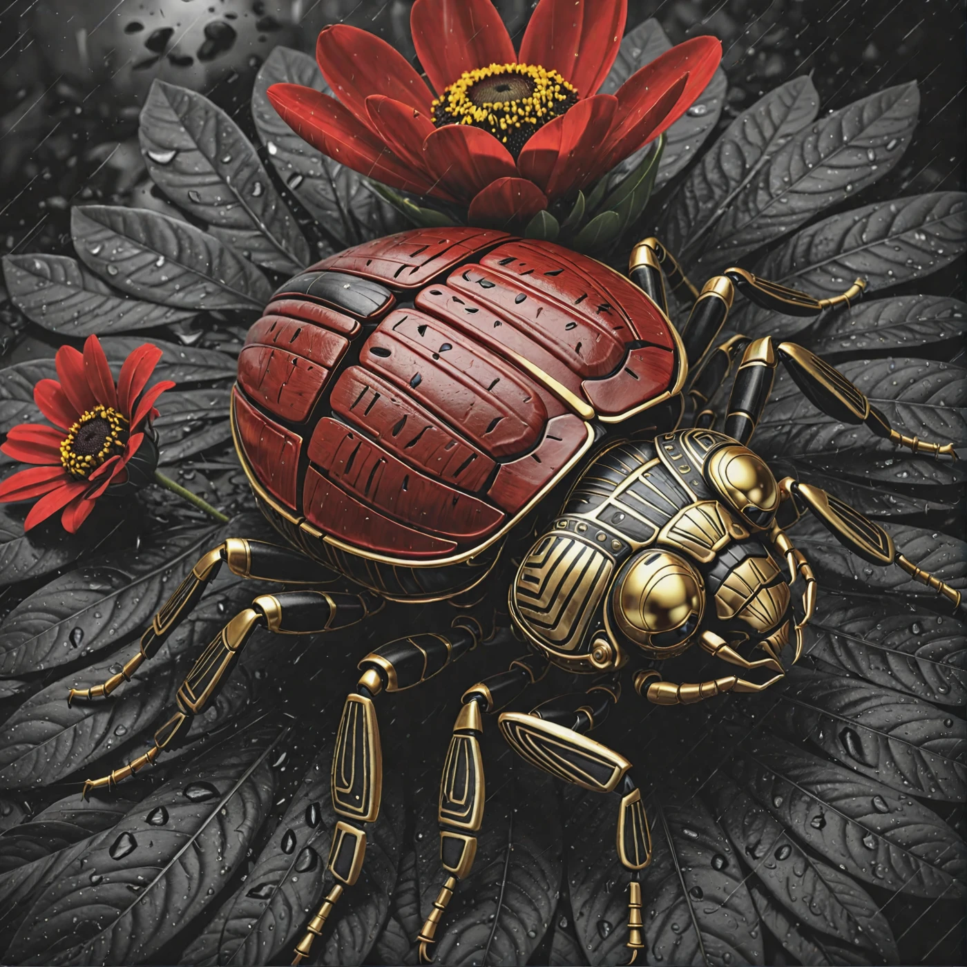 Complex and shiny gold, (digital painting:1.5),collect, A robot resting on a beautiful flower,Tribal Style Classic RAW photo of insect-like monster scarab, The feathers are accented with super golden light, Black accents, Wet Feather、old age, Rain and storm. Ambient Occlusion Rendering   . indigenous, Ethnic, Traditional patterns, bold, natural color, highly detailed light、