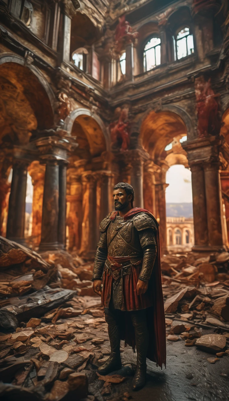 Odoacer in triumphant pose with the defeated Emperor Romulus Augustus, crumbling architecture in the background, dramatic lighting, rich colors, detailed textures, background dark, hyper realistic, ultra detailed hyper realistic, photorealistic, Studio Lighting, reflections, dynamic pose, Cinematic, Color Grading, Photography, Shot on 50mm lens, Ultra-Wide Angle, Depth of Field, hyper-detailed, beautifully color, 8k