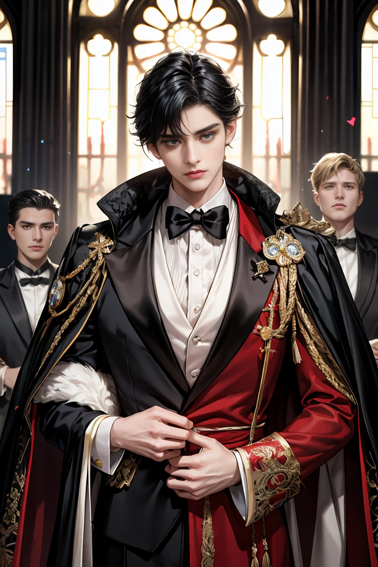 masterpiece, 最high quality, high quality, 1 boy, alone, male focus, looking at the viewer, whole body, Winning spirit_destiny, messy black hair, blue adorable big eyes, white people, Noble, Noble, Noble的な吸血鬼、An elegant tuxedo,A very large, very tall stand-up collar, a very large, very long, long cape that reaches down to the floor, made of a lot of fabric, red and black., ,cute beautiful boy,cute cute handsome boy